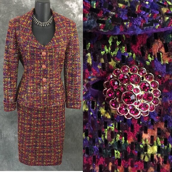 St. John Dresses & Skirts - STUNNING St John knit purple Red green rhinestones embellished skirt suit size 4